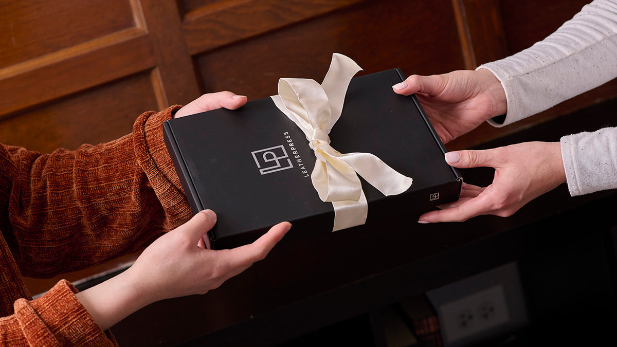 A Leatherpress journal wrapped as a gift
