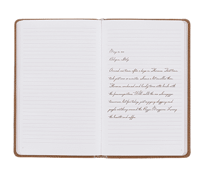 Open biscotti tan leather journal with a travel journal entry written out