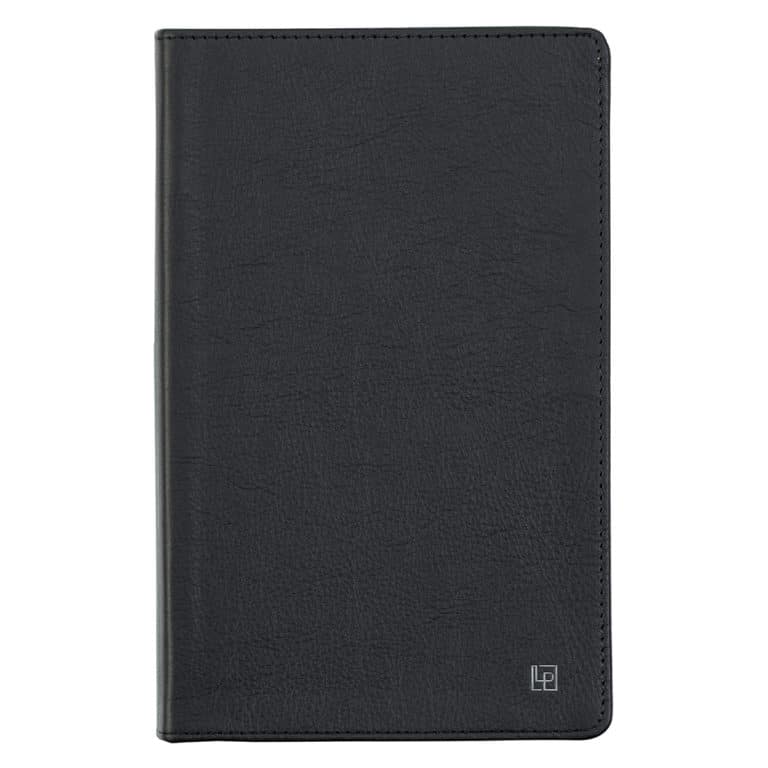 Front Cover of the large Tuxedo Black Journal with silver debossed Leatherpress icon logo in the bottom right corner.