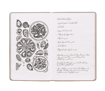 Open oyster gray notebook used as a recipe journal and illustration