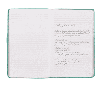 Reef Blue Leather Notebook, open, with a poem copied into the journal