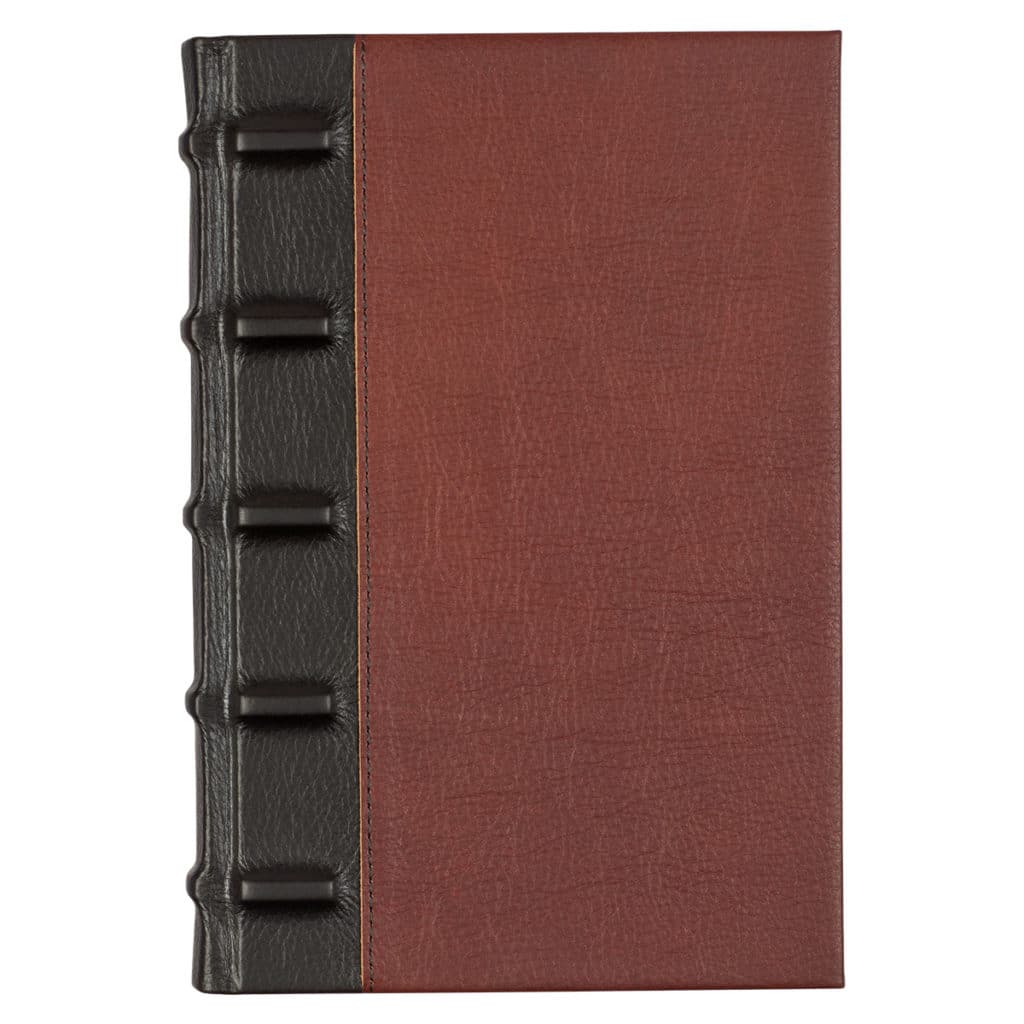 Front view of the Saddler Artisan Journal with dark burgundy leather ribbed spine and burgundy leather cover, square corners and black topstitching where the leathers meet.