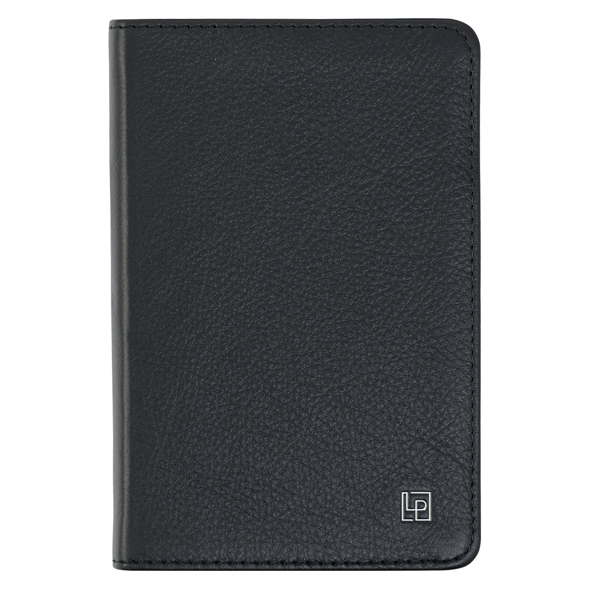 Front Cover of the pocket Tuxedo Black Journal with silver debossed Leatherpress icon logo in the bottom right corner.