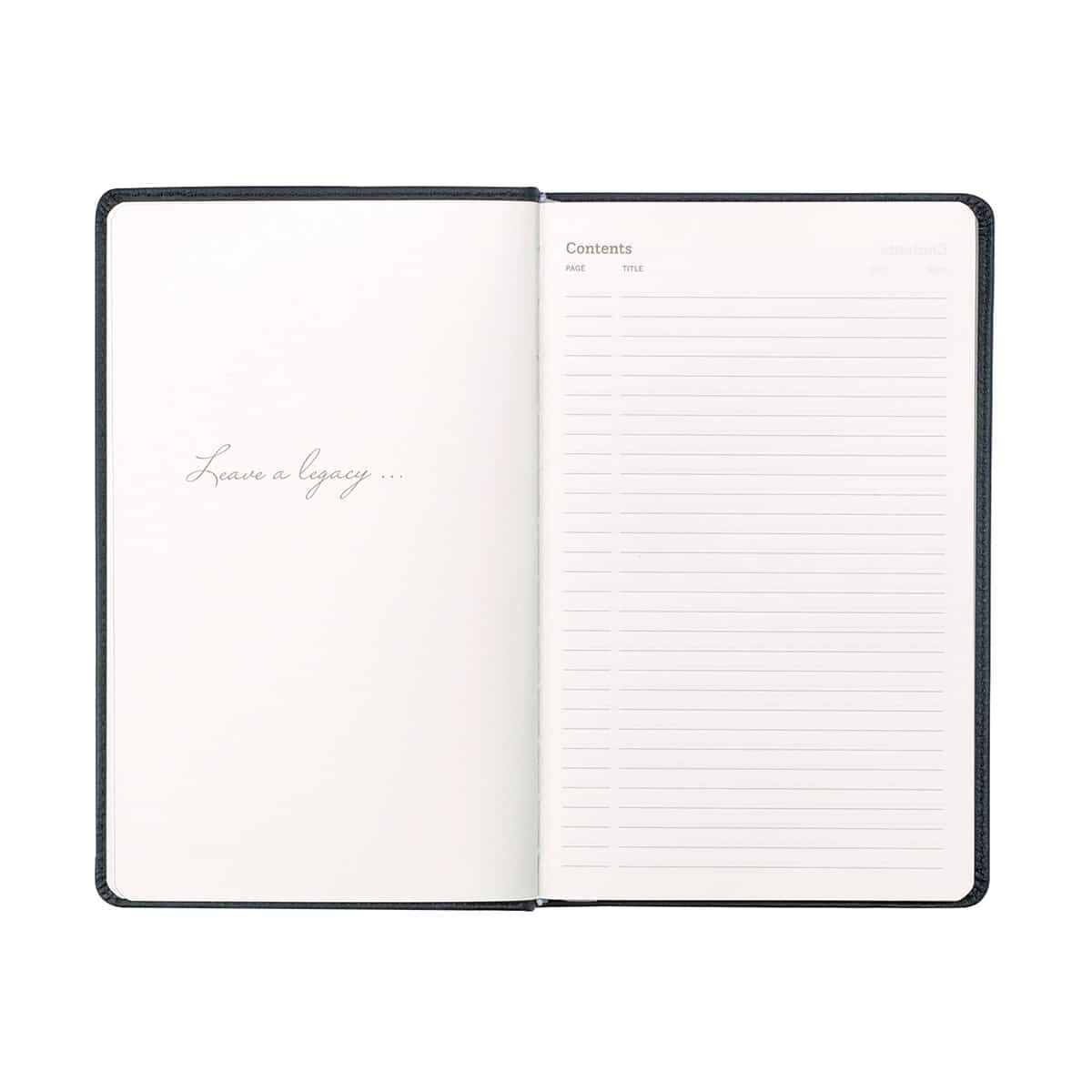 Large Tuxedo Black journal with open front cover with "Leave a Legacy" inscription and Table of Contents