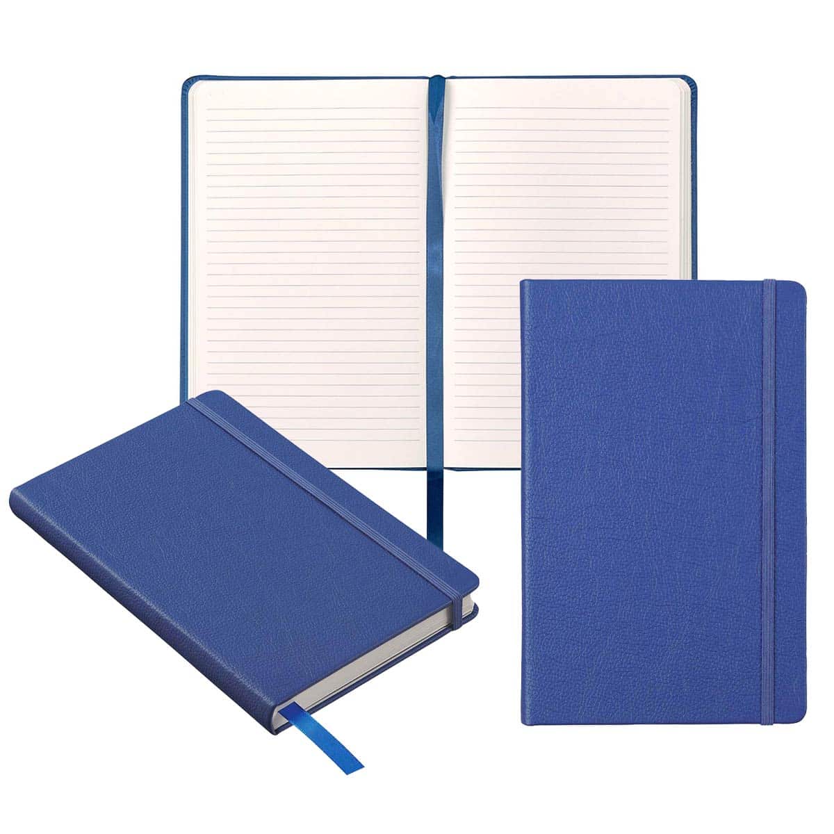Three view collage of Pacific Blue notebook, open with ribbon marker, front view, and diagonal closed view of binding and lower edge of notebook