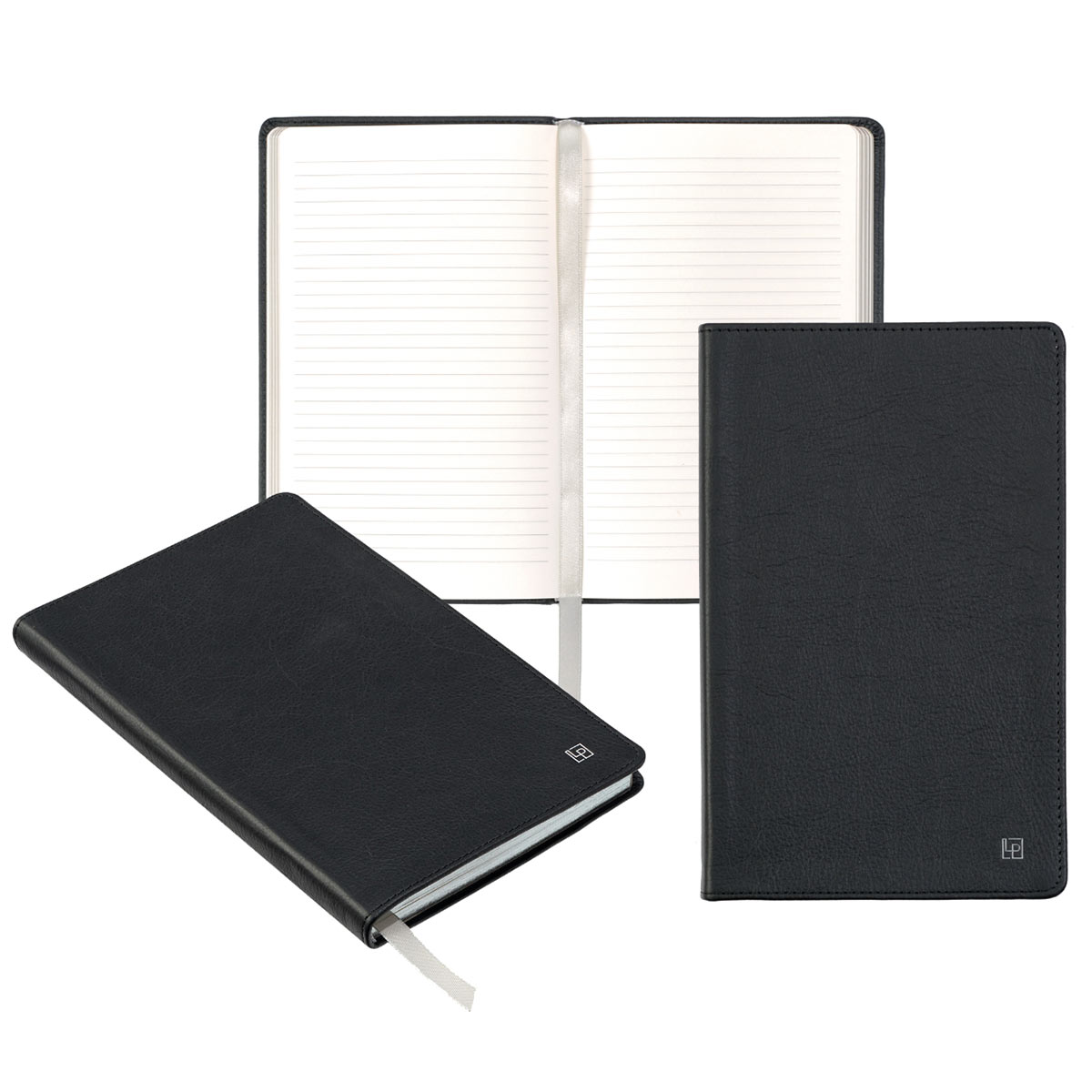 Three view collage of the Tuxedo Black journal, open with ribbon marker, front view, and angled closed view of binding and lower edge of notebook