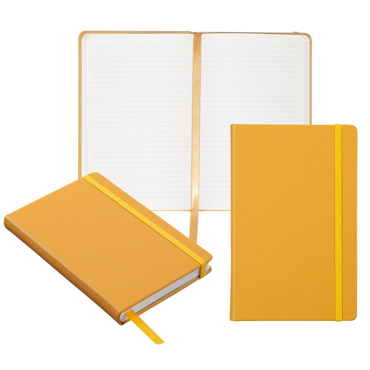 Three view collage of the Butter Yellow notebook, open with ribbon marker, front view, and diagonal closed view of binding and lower edge of notebook