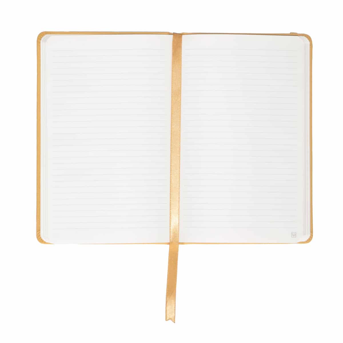 Butter Yellow large lined notebook open with yellow satin ribbon marker