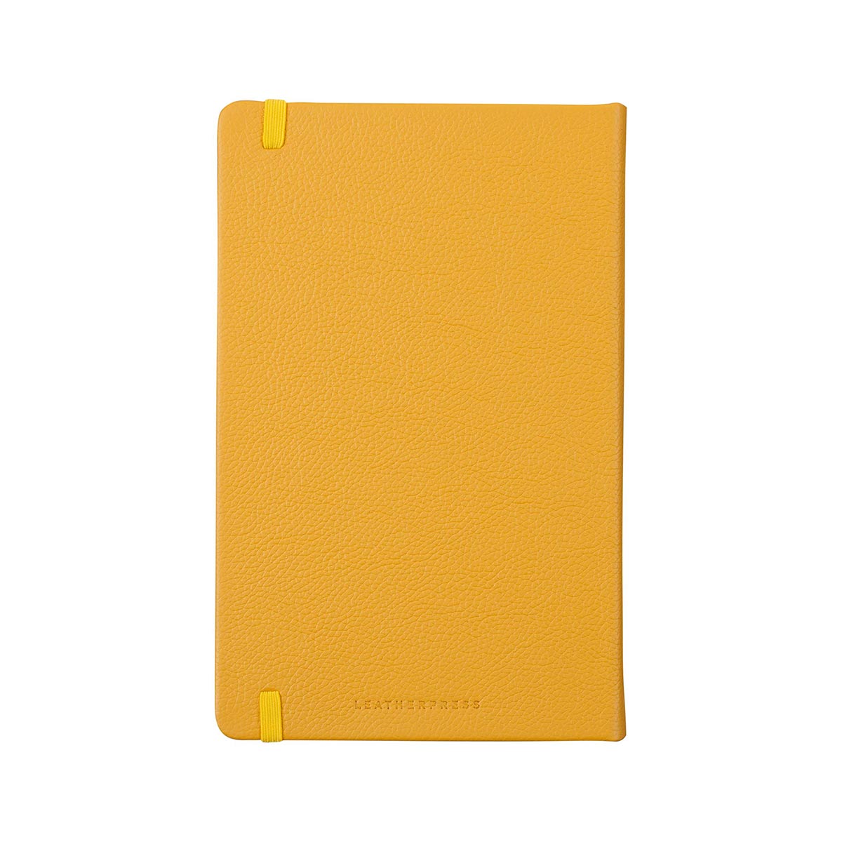 Back cover of Large Butter Yellow notebook with debossed Leatherpress name logo