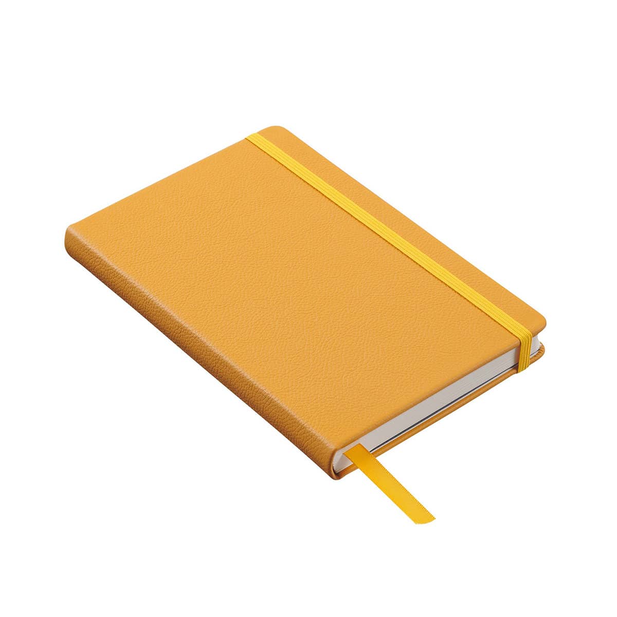 Angled view of closed front large Butter Yellow notebook with spine and bottom edge of notebook