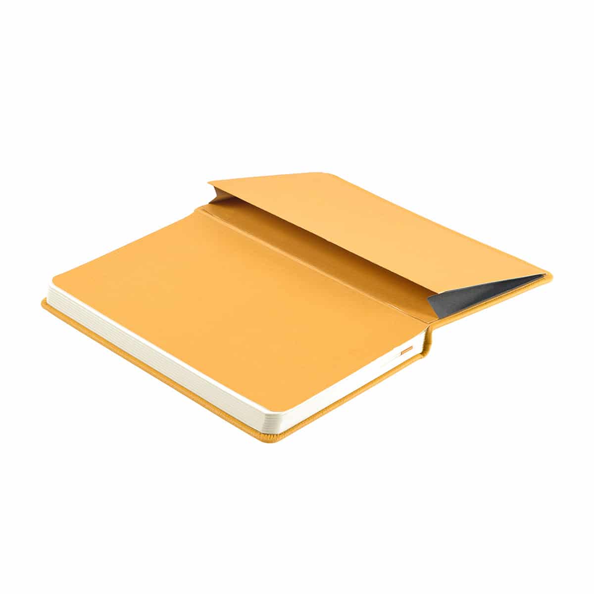 Open back cover with view of the expandable back pocket of the Butter Yellow notebook. Yellow endpapers and pocket.