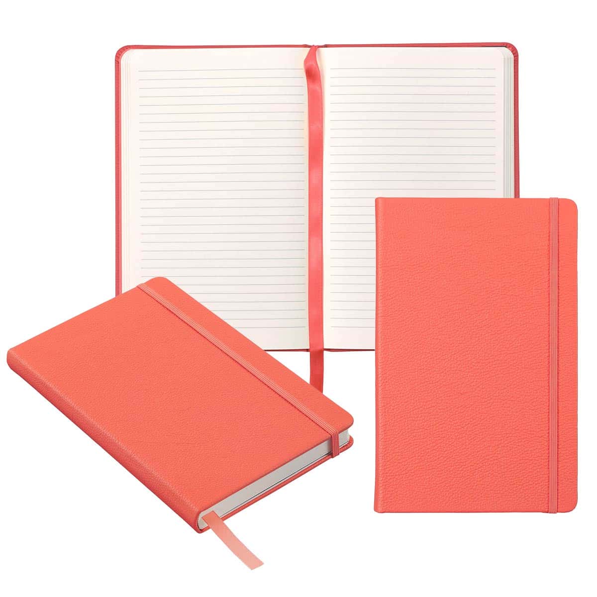 Three view collage of Coral Red notebook, open with ribbon marker, front view, and diagonal closed view of binding and lower edge of notebook
