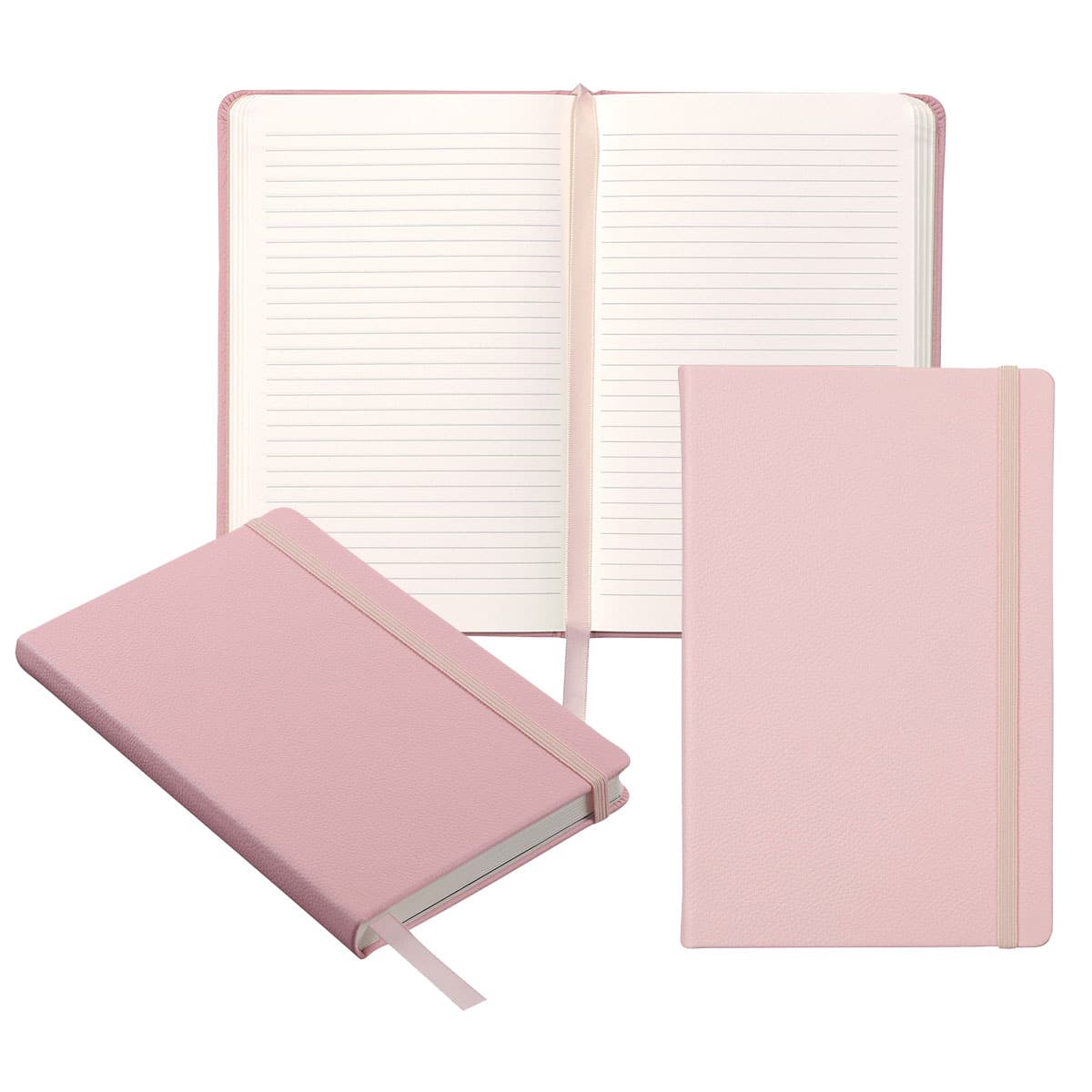 Three view collage of Quartz Pink notebook, open with ribbon marker, front view, and diagonal closed view of binding and lower edge of notebook