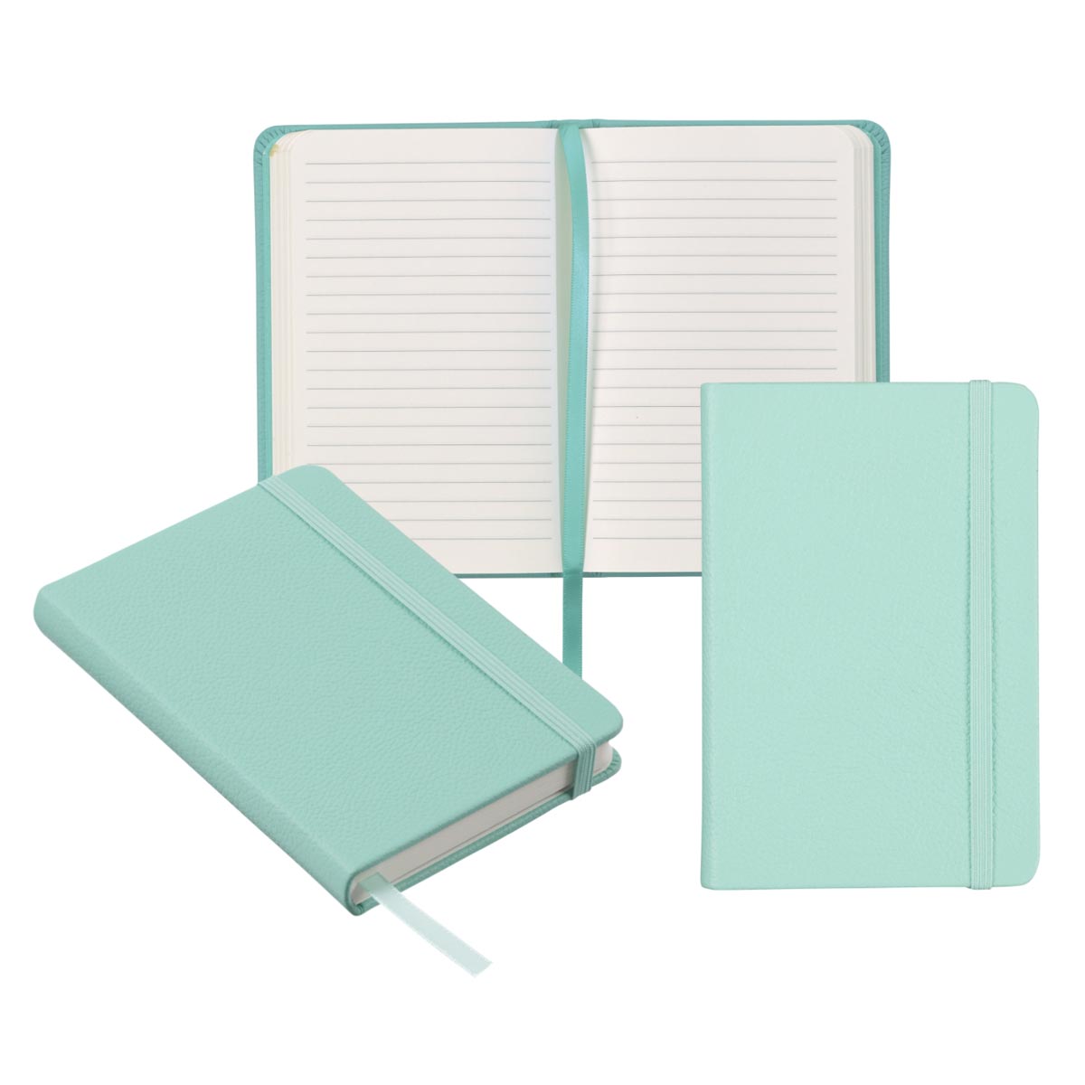 Reef Blue Pocket Notebook, front angle view, front view, open view
